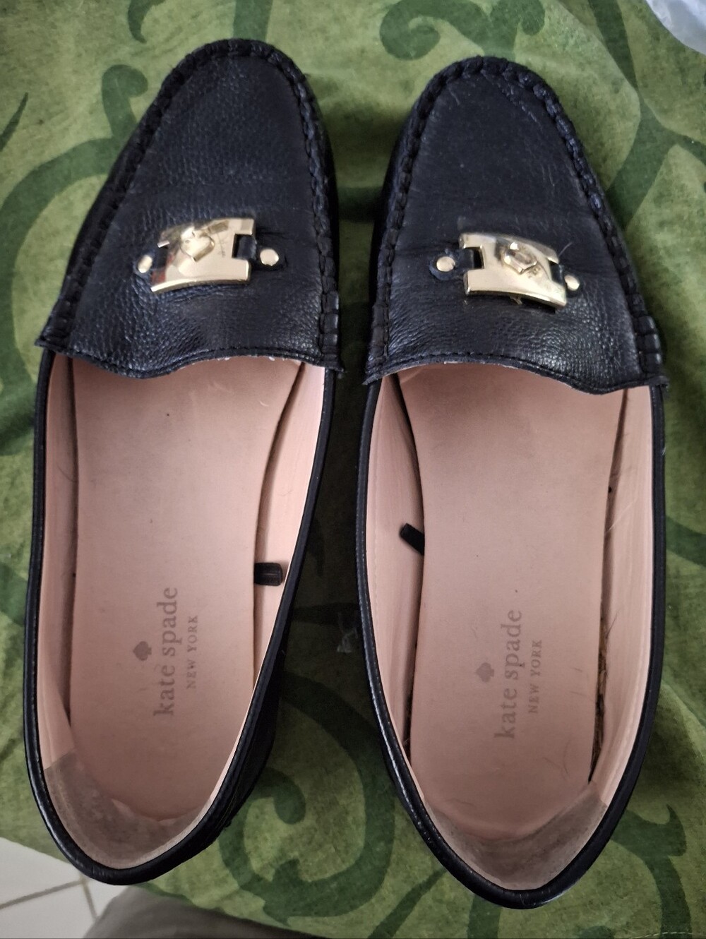 kate spade Carmen Black Leather Loafers with Gold Hardware